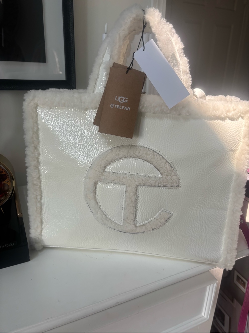 Telfar Cream Shearling-Trim Leather Tote